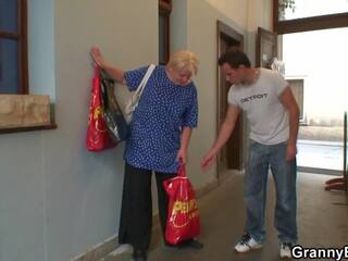 Glorious Blonde Granny Pleases Lucky youngster For Help